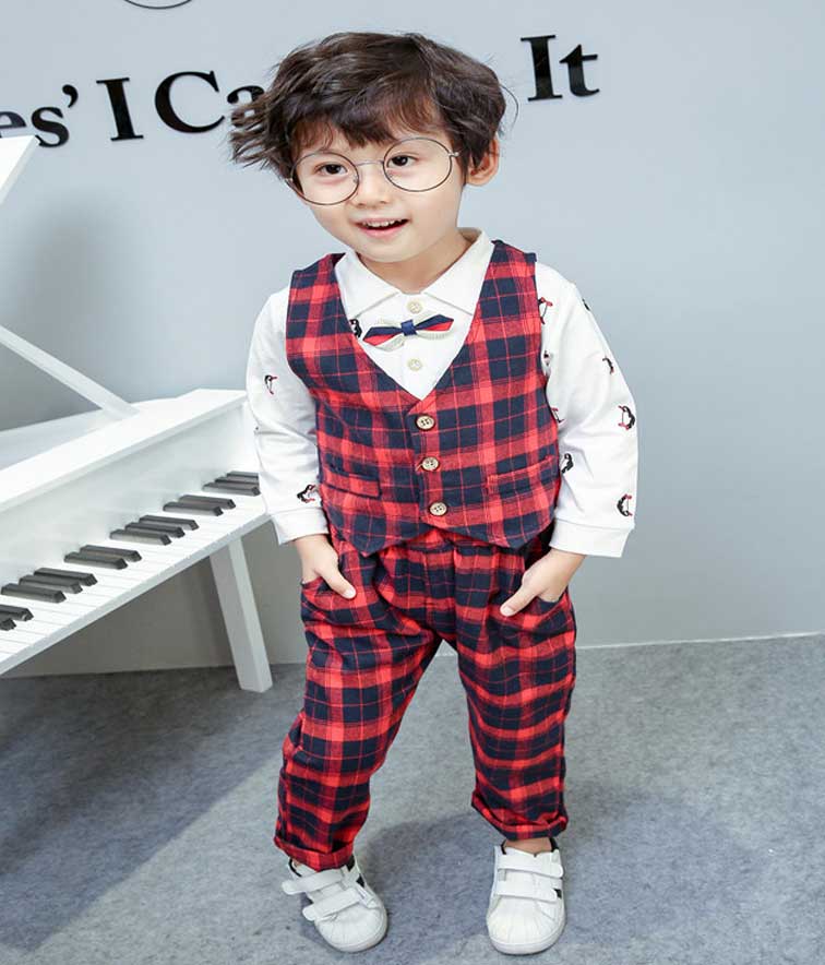 Children Boy Co Ord Children's Clothing Plaid Vest Blouse and Trousers Cartoon Penguin 2 Piece Set
