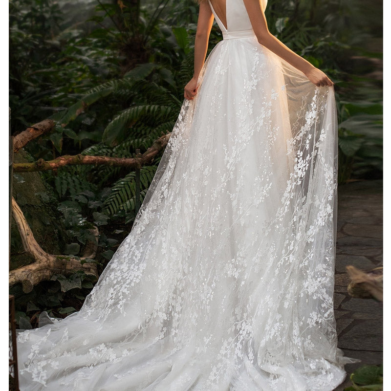 Women Lace Wedding Dress Women's White Sleeveless Long Wedding Dress Mid-Waist Evening Dress
