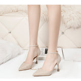 Nude Block Heels Closed Toe Sandals Rhinestone Women's Shoes