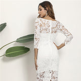 Women Lace Wedding Dress Sexy Lace Long Sleeve Pencil Skirt Midi Dress