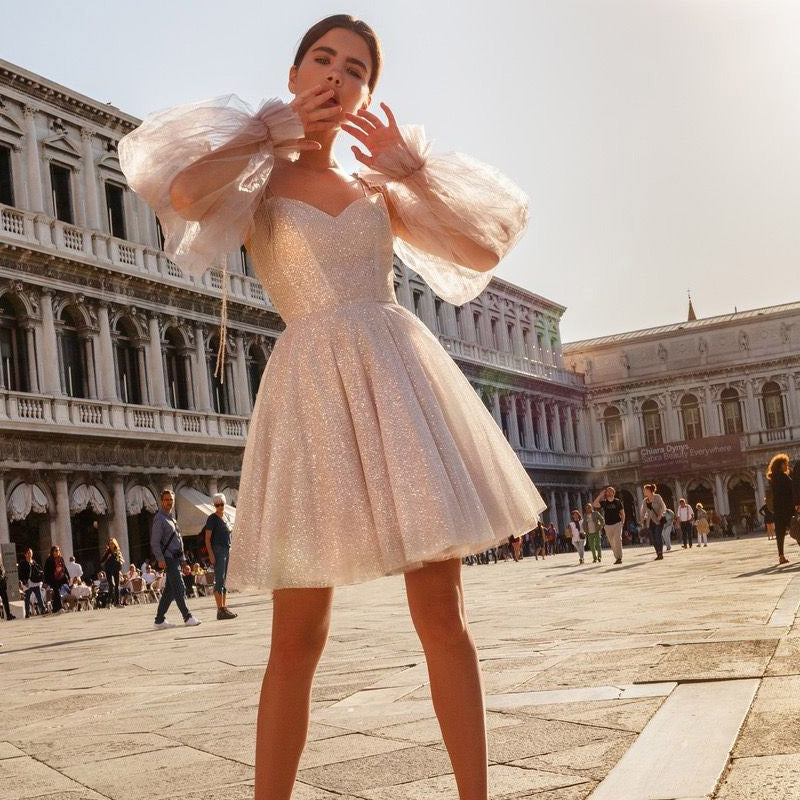 See through Wedding Dress Autumn and Winter Women's Large Swing Skirt Mini Wrapped Chest Princess Dress