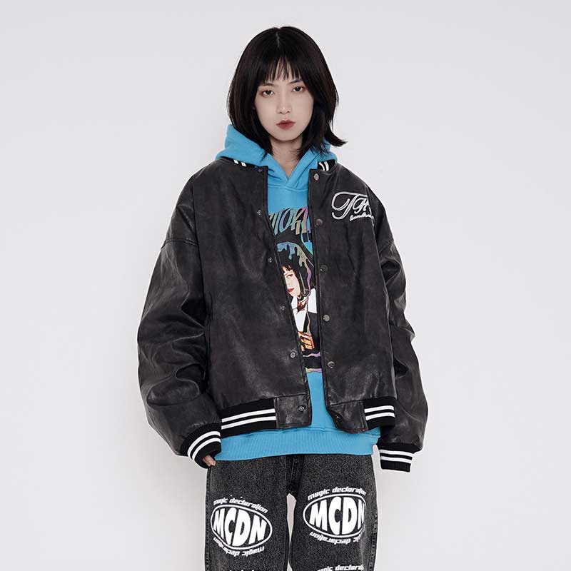 Brown Varsity Jacket Lawfoo Autumn and Winter Men's Retro Alphabet Embroidered Leather Jacket Men's Baseball Jersey