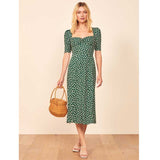 Milkmaid Square Collar Summer Short Sleeve Waist-Tight Seaside Holiday Floral Midi Dress