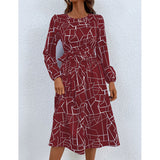 Nina Parker Graffiti Dress Fashion Lace-up Waist-Controlled Long Sleeves Dress