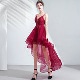 Homecoming Dresses Deep V-neck Strap Wine Red Front Short Back