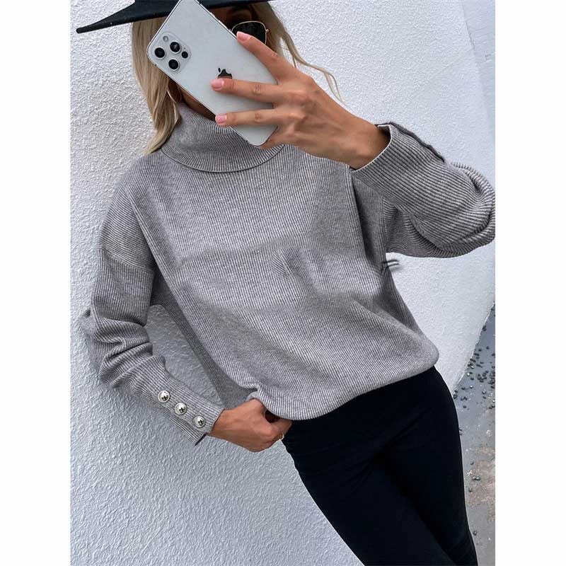 The Rock Turtleneck Turtleneck Cuff Button Pullover Solid Color Sweater Sweater