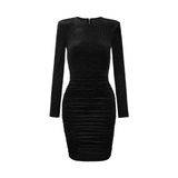 Women Spring Dress Stretch Long Sleeve Velvet Pleated Cinched Bodycon Hip Skirt Shoulder Cotton Hip Lifting Group