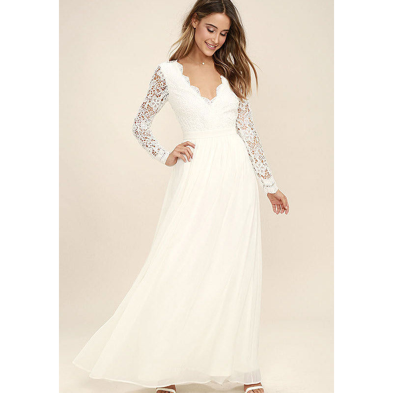 Women Lace Wedding Dress Slim Wedding Dress Lace V-neck Fashion Dress
