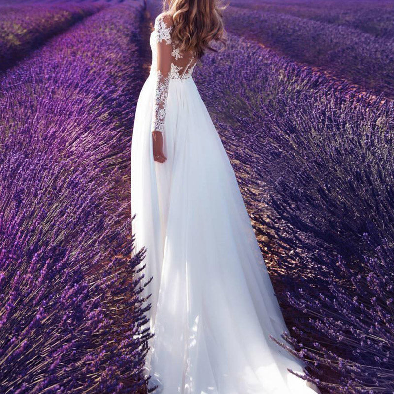 Bridesmaid Dress Women's Long Sleeve See-through Lace Wedding Dress Bridesmaid Formal Dress Slit Maxi Dress