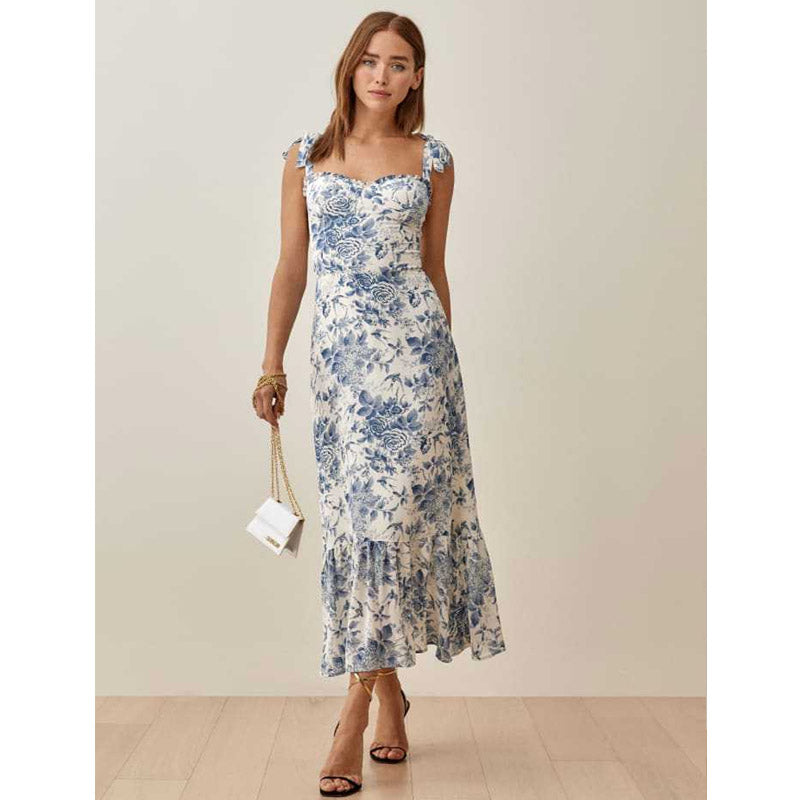 Summer Wedding Guest Dresses Floral Tight Waist Holiday Dress Printed Suspender Skirt for Women