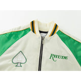 Rhude Hoodie Applique Embroidered Bomber Jacket for Men and Women Same Style Zipper Cardigan Outerwear