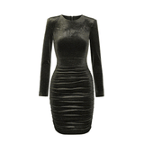 Women Spring Dress Stretch Long Sleeve Velvet Pleated Cinched Bodycon Hip Skirt Shoulder Cotton Hip Lifting Group