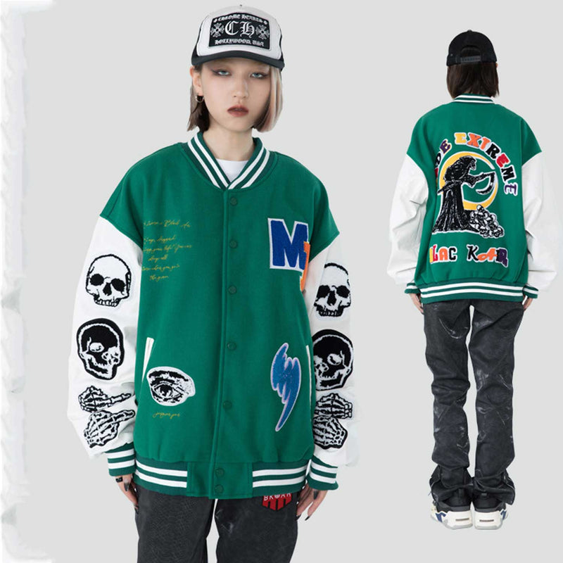 Green Varsity Jacket Madeextreme Fall/Winter Jacket Armband Skull Color Matching Street Retro Men's Baseball Uniform