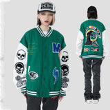 Green Varsity Jacket Madeextreme Fall/Winter Jacket Armband Skull Color Matching Street Retro Men's Baseball Uniform