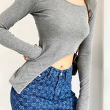 Women Fall Fall Fall Five-Color Hem Irregular Long Sleeve Top Slim-Fit Base T-shirt