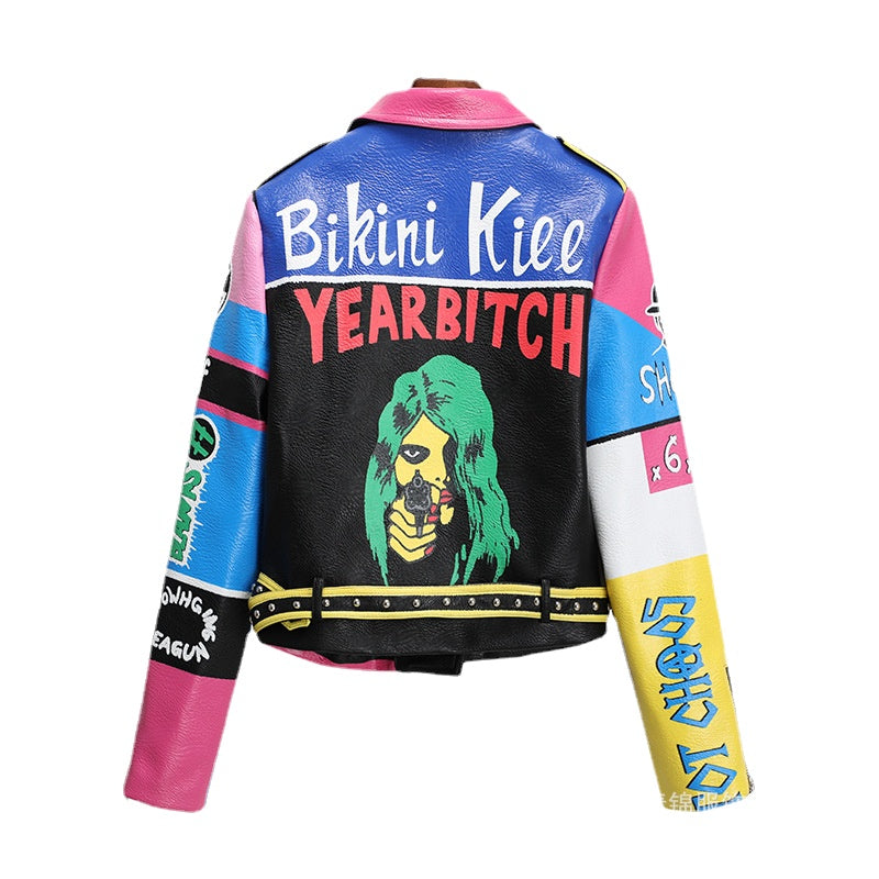 Punk Rock Jacket Contrast Color Rivets Motorcycle Clothing Female