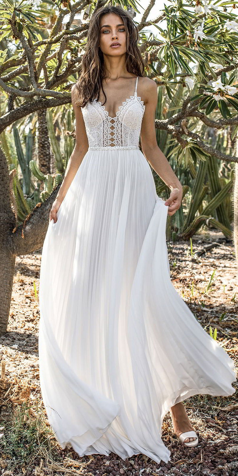 Bohemian Coachella Outfits Sexy Lace Deep V Strap Chiffon Dress