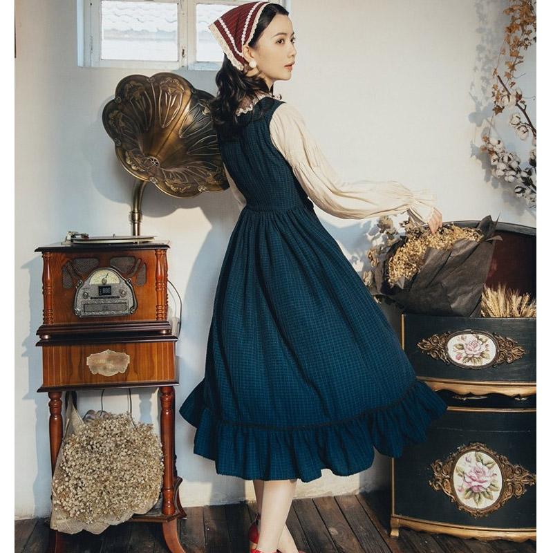 Retro Long Sleeve Tea Dress Autumn Cottagecore Aesthetic Dresses