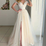 Women Lace Wedding Dress V-neck Slit Wedding Dress Lace Long Dress