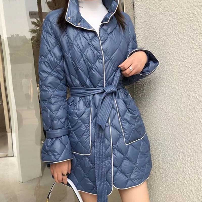 Women Winter Coats Puffer Jacket Down Coat Stand-up Collar Cinched Lacing Mid-Length Lightweight Down Jacket Female
