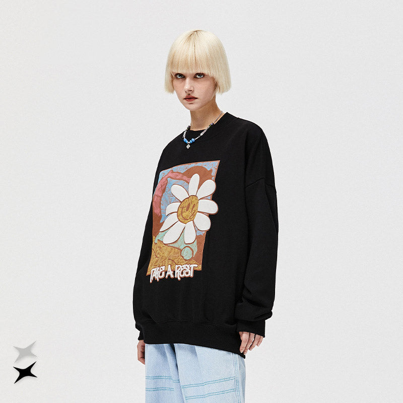 Preppy Aesthetic Sweatshirt Daisy round Neck Sweater Men's Autumn Printing