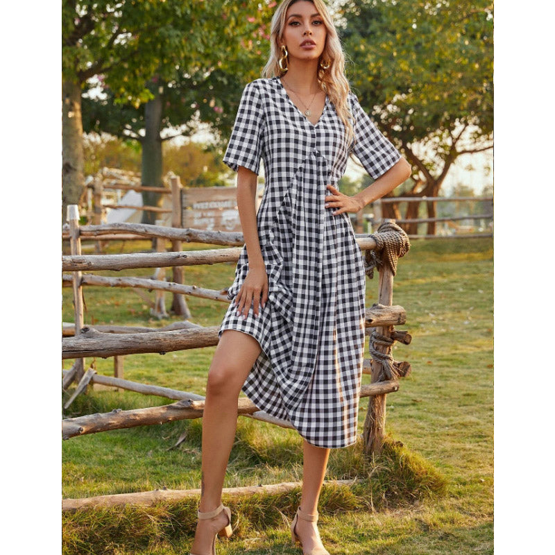 Gingham Dress Spring/Summer Sexy V-neck Short Sleeve Plaid Stitching Long Dress Women