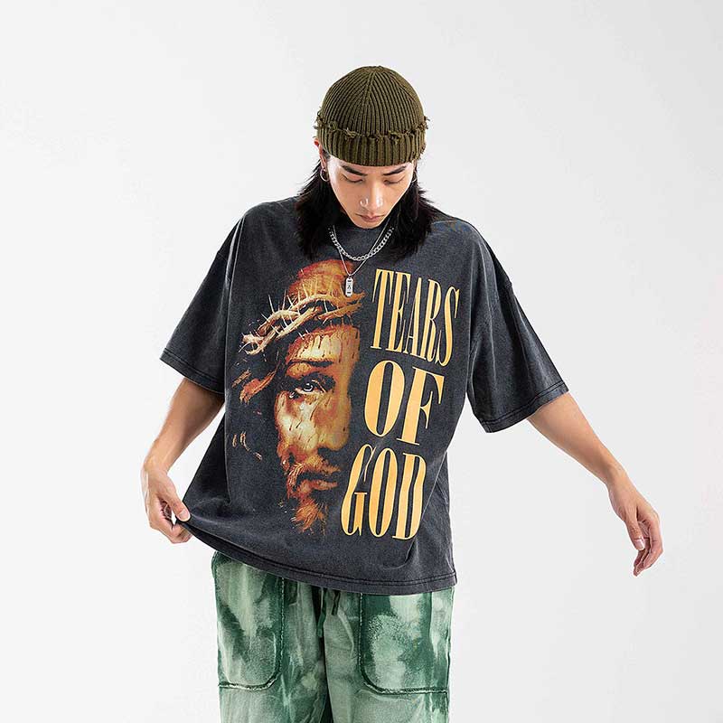 Oversized 90S T Shirt Summer Menswear God Tears Printed Men's Loose Short Sleeve T-shirt