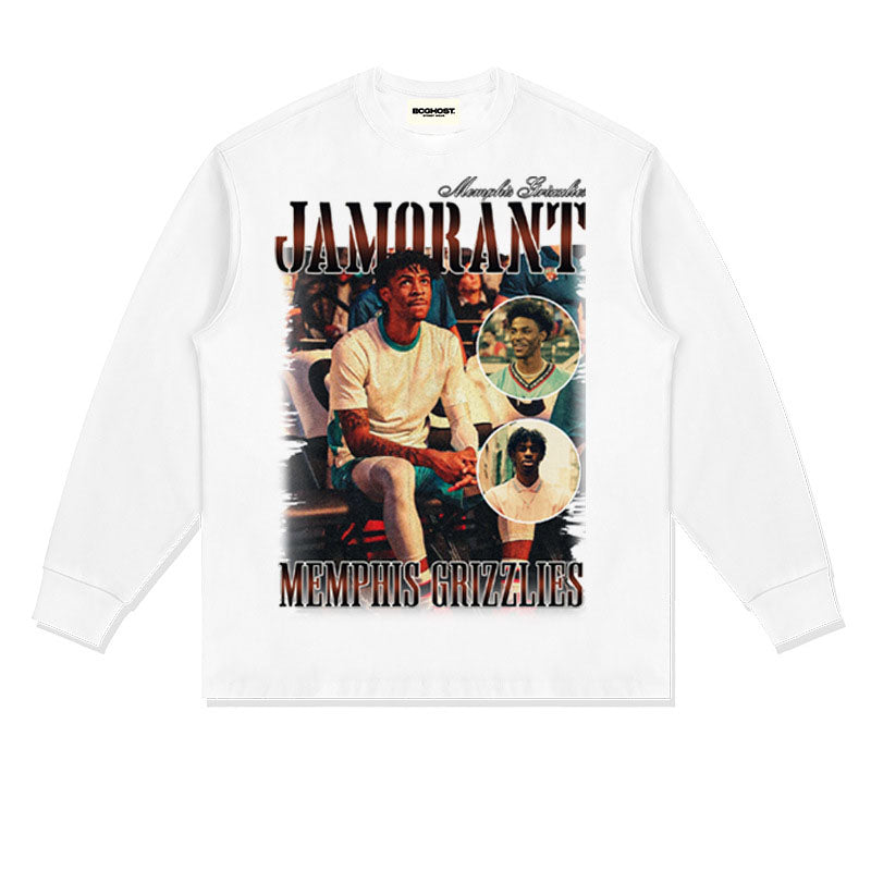JA Morant Shirt JA Morant Distressed Long-Sleeved T-shirt Vintage Cotton Round Neck Sports