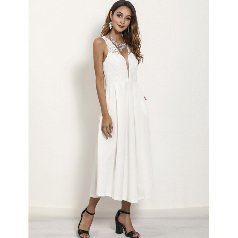Women Lace Wedding Dress Summer Dress Sexy V-neck Braces in White Dress