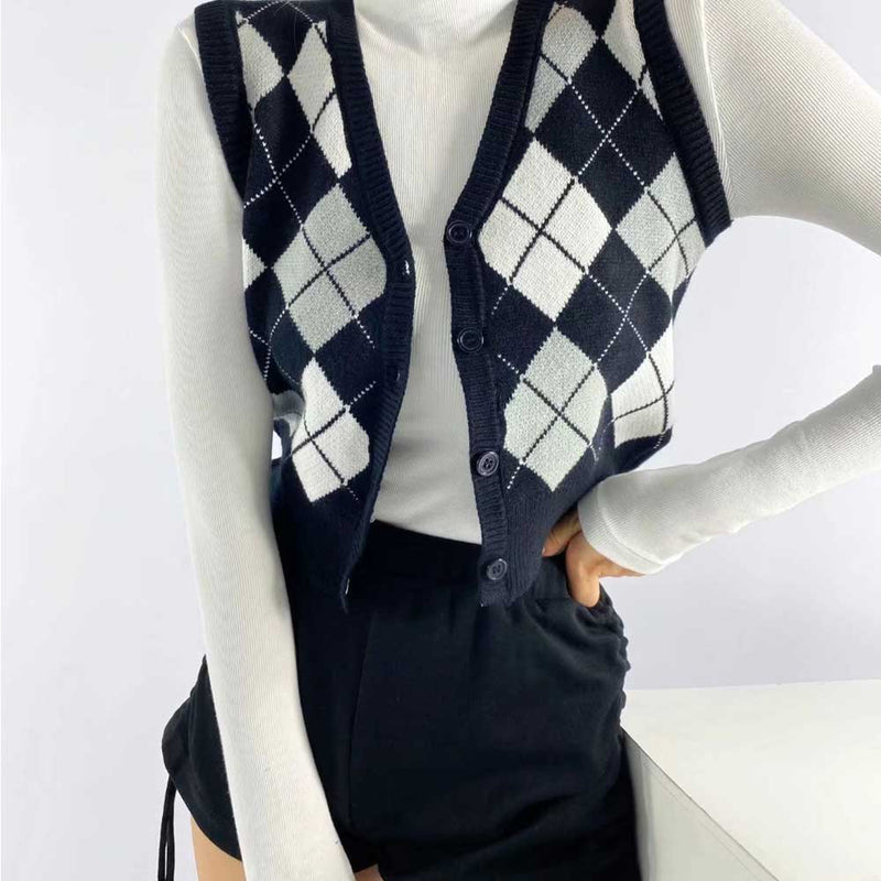 Women Fall Fall Diamond Cardigan Vest Single-Breasted Short Vest