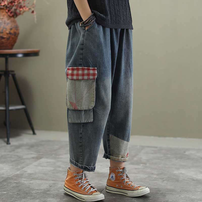 Women Patchwork Jeans Vintage Washed Loose Jeans Casual Women