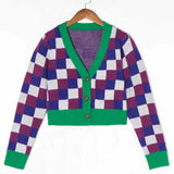 90S Outfits Vintage Purple Plaid V-neck Knitted Cardigan Female Loose-Fitting Coat Top