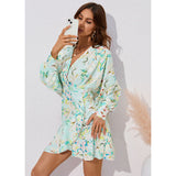 Nina Parker Graffiti Dress Flowers Print Waist-Controlled Long Sleeves Dress Skirt