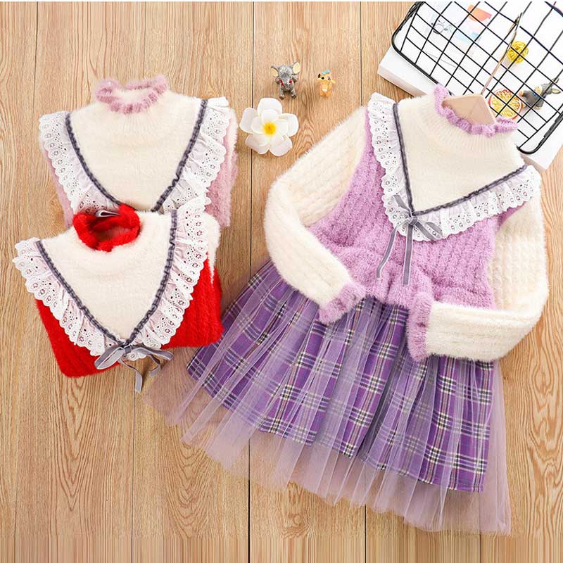 Girl Dress Autumn and Winter Velvet Cute Lace Children Woolen Dress