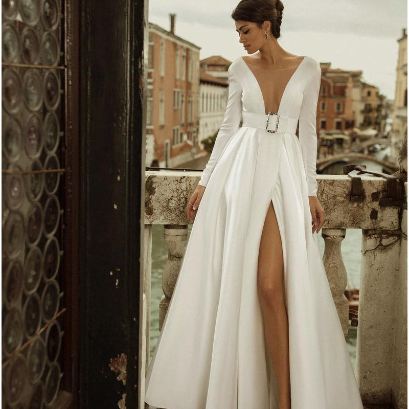 Bridesmaid Dress Vintage Sexy Solid Color Temperament Commute Long Dress White