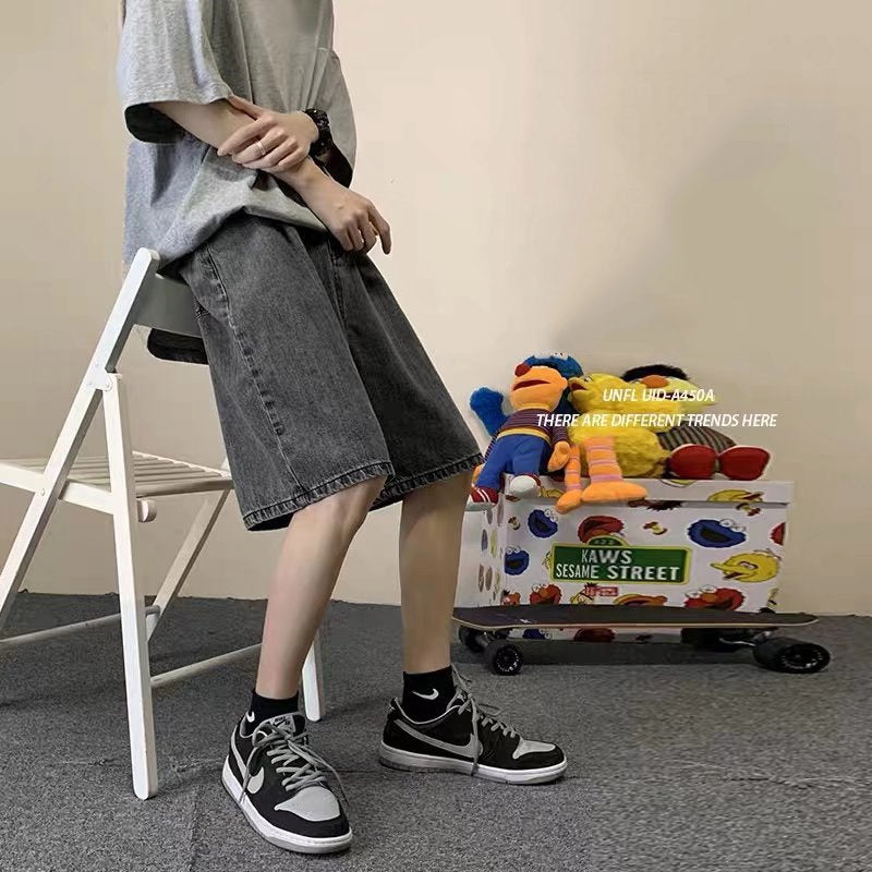 Men Denim Shorts Loose Straight-Leg Denim Cropped Pants Casual Pants