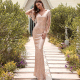 Burgundy Dresses For Wedding Sexy V-Neck Long Sleeve Bodycon Long Dress Elegant Glitter Evening Dress