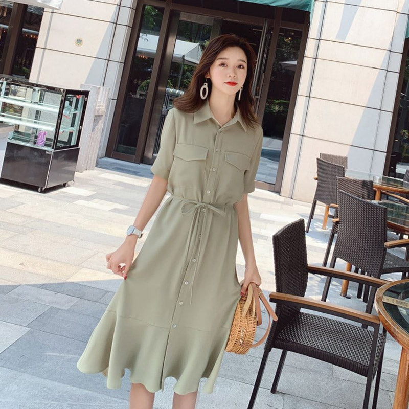 Burnt Orange Dress Coral Orange Lapel Single Breasted Waist-Controlled Lace-up Shirt Fishtail Dress