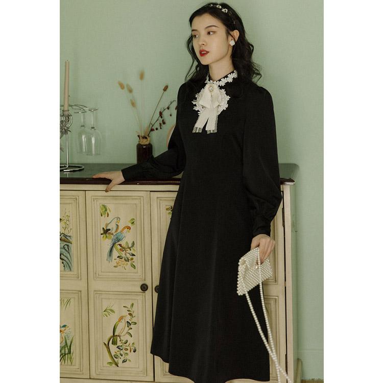Autumn Long Sleeve Stand Collar French Retro Classical Hollow cottagecore aesthetic dress