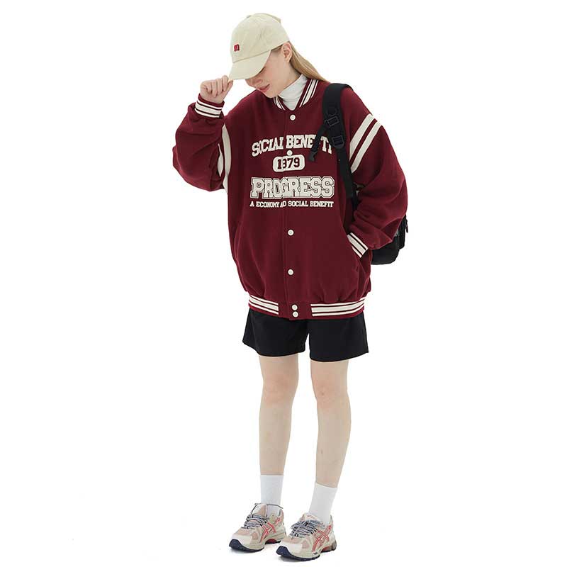 Red Varsity Jacket Autumn and Winter Letter Printing Long-Sleeved Baseball Jacket Jacket Boys Retro Couple Top Fleece-Lined