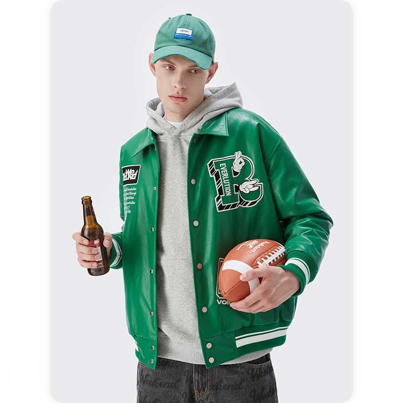 Green Varsity Jacket Autumn Winter Retro Street Embroidered Baseball Uniform Leather Jacket Coat Male
