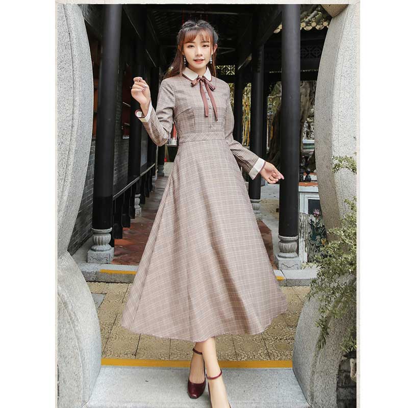 Autumn Winter Retro Long Sleeve Dress High Waist Retro Vintage Cottagecore Aesthetic Flowy Victoria Cottage Core Dress