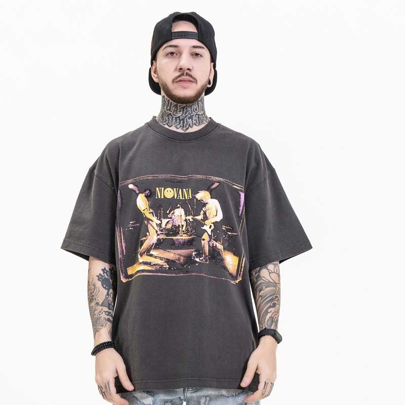 Oversized 90S T Shirt Spring and Summer Rock Band Retro Distressed Washed Loose Short Sleeve T-shirt for Men