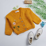 Girl Cardigan Sweaters Yellow round Neck Single-Breasted Sweater Coat Embroidered Solid Color Cardigan