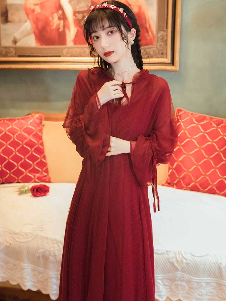 Vintage Red Lace Strap Dress Bohemia Retro Vintage Cottagecore Aesthetic Flowy Victoria Cottage Core Boho Dress