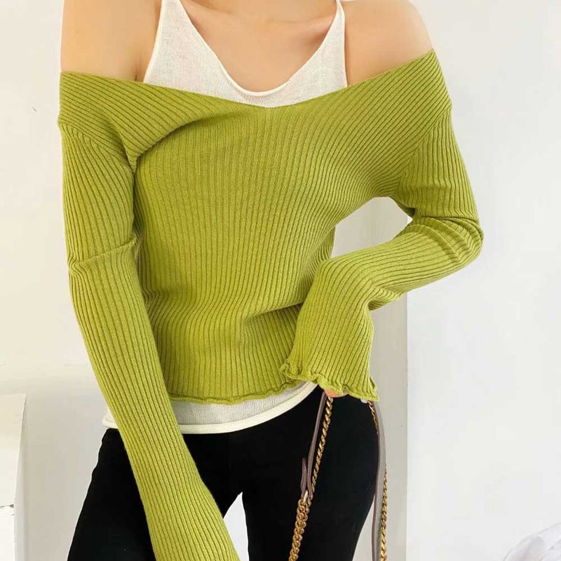 Women Fall Fall Five-Color Fake Two-Piece off-Shoulder Sweater Slim Pullover Top