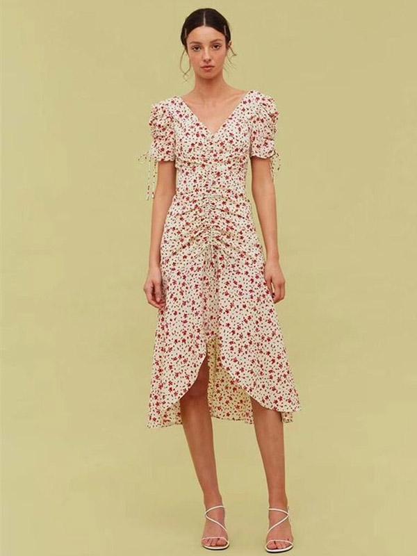 Pastoral style Floral Drawstring Irregular V-neck Elegant Long cottagecore aesthetic dress Bodycon Dress