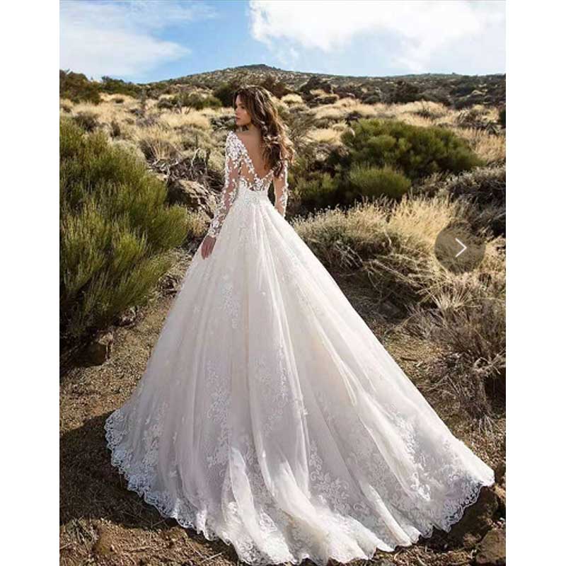 Lady Gaga Dress Long Sleeve Solid Color Lace Bridal Wedding Dress