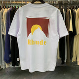 Rhude T Shirt Sunset Theme Pure Cotton Hip Hop Men and Women Same Casual