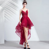 Homecoming Dresses Deep V-neck Strap Wine Red Front Short Back